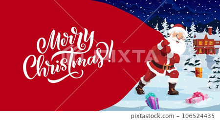 Christmas banner, cartoon santa with big bag and gifts on snow. Vector xmas seasonal greeting card or placard with funny Noel with red sack deliver presents at snowy landscape with town and forest Christmas banner, cartoon santa with big bag and gifts on snow. Vector xmas seasonal greeting card or placard with funny Noel with red sack deliver presents at snowy landscape with town and forest 106524435