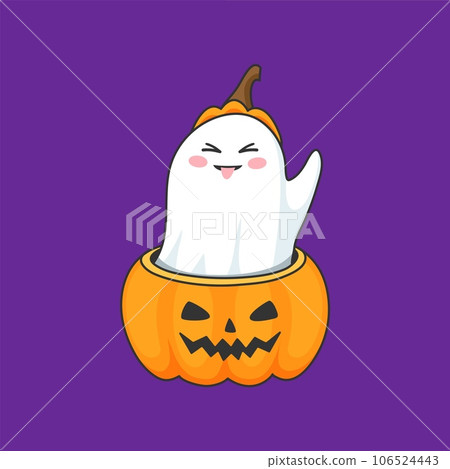 Halloween ghost, cartoon kawaii boo character smiling from pumpkin, holiday horror night vector emoji. Funny cute white ghost teasing with tongue in spooky scary pumpkin for Halloween holiday 106524443