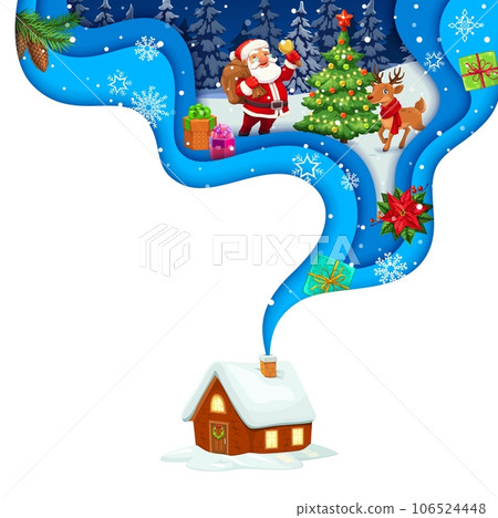 Christmas paper cut banner with Santa and deer near holiday pine. Vector double exposition 3d effect frame in shape of house chimney smoke with funny Noel with bag ringing bell at night snowy forest 106524448
