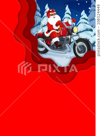 Christmas paper cut greeting card, cartoon Santa on bike. Christmas celebration, winter holiday banner or vector background. Xmas or New Year paper cut backdrop with Santa character riding bicycle 106524449
