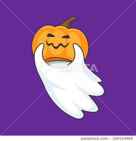 Cartoon kawaii Halloween ghost with pumpkin on head, horror holiday funny boo, vector character. Halloween trick or treat party cheerful cute ghost with scary pumpkin, kids kawaii poltergeist icon 106524469