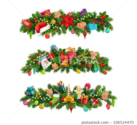 Christmas fir branches, vector borders of Xmas tree garlands with green pine and holly, Christmas holiday ornaments and lights, red balls, gold stars, gifts and gingerbread, calendar and candles 106524470