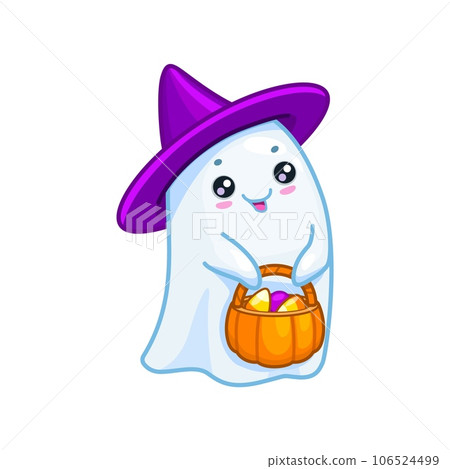 Halloween kawaii ghost character with pumpkin bag in witch hat, horror holiday funny vector boo poltergeist. Halloween trick or treat party cheerful cute ghost with candy sweets in pumpkin bag 106524499