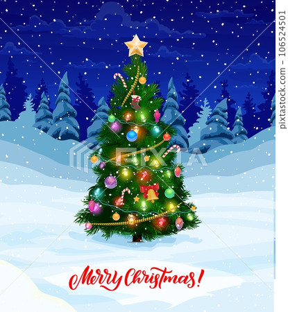 Christmas holiday pine tree on winter snow. Happy New Year festive poster, winter season greeting card or Christmas holiday vector banner with decorated toys, garland, bell and candy cane pine tree Christmas holiday pine tree on winter snow. Happy New Year festive poster, winter season greeting card or Christmas holiday vector banner with decorated toys, garland, bell and candy cane pine tree 106524501