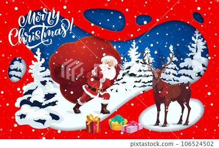 Christmas paper cut landscape, reindeer and Santa claus. Cartoon vector greeting card with 3d frame, winter wood deer and cheerful Noel carrying huge gift sack. Funny xmas characters in snowy wood 106524502