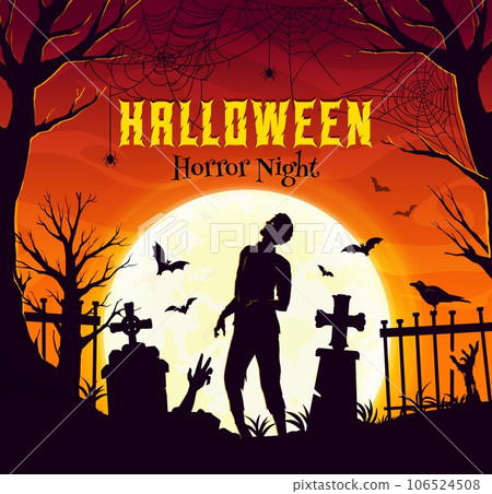 Halloween banner, zombie silhouette and flying bats on cemetery, holiday vector poster. Halloween horror night party background with dead zombie skeleton and tombstones on cemetery in haunted forest Halloween banner, zombie silhouette and flying bats on cemetery, holiday vector poster. Halloween horror night party background with dead zombie skeleton and tombstones on cemetery in haunted forest 106524508