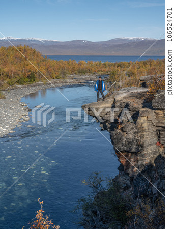 Autum Abisko Canyon River Abiskojakka National Park, Norrbottens, Norrbottens Lapland landscape north of Sweden 106524701