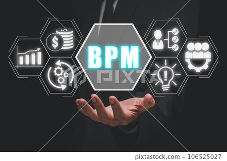 BPM, Business Process Management concept, Businessman hand holding Business Process Management icon on virtual screen. 106525027