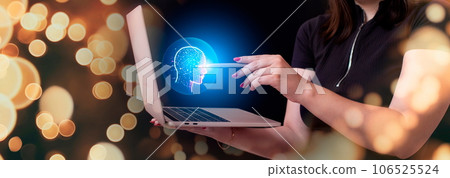 The girl holds a laptop and uses AI for her own purposes, AI future The girl holds a laptop and uses AI for her own purposes, AI future 106525524