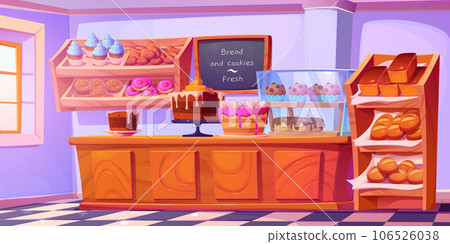 Bakery shop interior with cake and counter inside 106526038