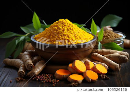 Turmeric roots and turmeric powder. Generative AI. 106526156