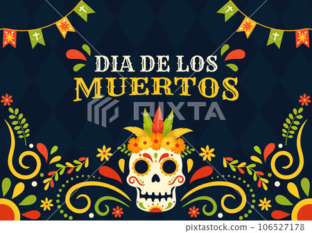 Dia de Los Muertos Vector Illustration with Day of the Dead, Play Music, Skeleton in Mexican Costumes and Sombrero in Flat Cartoon Background 106527178