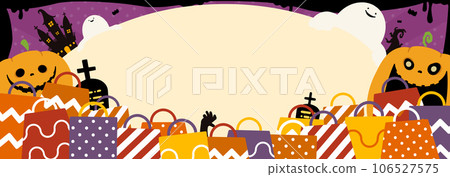 Happy Halloween advertising banner template surrounded by monsters and shopping bags (purple) 106527575