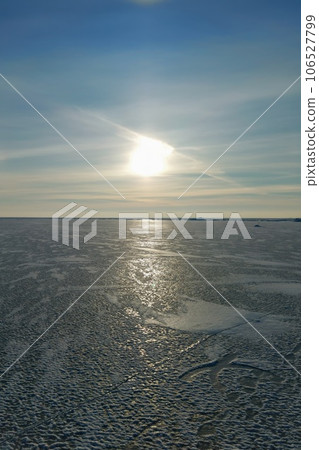 The Baltic Sea The Gulf of Riga in winter. The bay is covered with ice with small pieces of ice. Latvian winter at Ainazu beach. 106527799