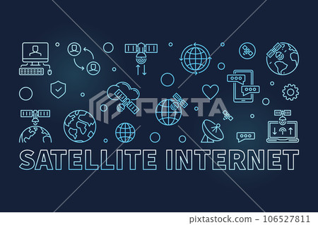 Satellite Internet vector blue horizontal banner - Wireless Satellite Data Transmission concept colored illustration 106527811