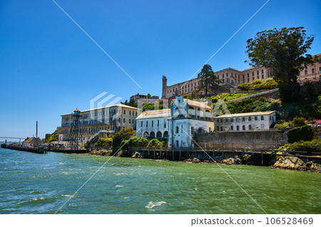 Prison view from shoreline view of Alcatraz on east side of island 106528469