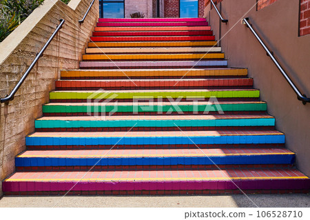Bright sunshine on colorful painted staircase at Ghirardelli 106528710