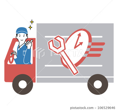 A man in work clothes (plumber, gas construction, construction site, etc.) rushing in a truck as soon as possible A man in work clothes (plumber, gas construction, construction site, etc.) rushing in a truck as soon as possible 106529646