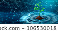 Tree with soil growing on  the converging point of computer circuit board. Blue light and wireframe network background. Green Computing, Green Technology, Green IT, csr, and IT ethics Concept. 106530018