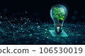 Tree with soil growing on Light bulb. Digital Convergence and and Technology Convergence. Blue light and network background. Green Computing, Green Technology, Green IT, csr, and IT ethics Concept. 106530019