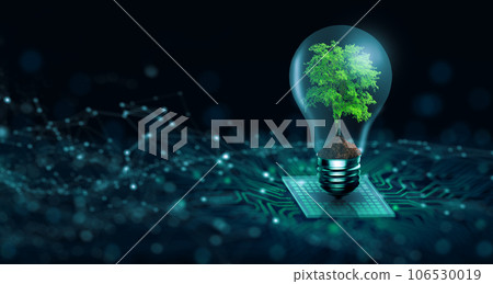 Tree with soil growing on Light bulb. Digital Convergence and and Technology Convergence. Blue light and network background. Green Computing, Green Technology, Green IT, csr, and IT ethics Concept. Tree with soil growing on Light bulb. Digital Convergence and and Technology Convergence. Blue light and network background. Green Computing, Green Technology, Green IT, csr, and IT ethics Concept. 106530019