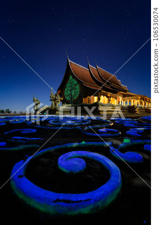 The beautiful scenery of Sirindhornwararam Temple (Wat Phu Prao), Luminous temple attractions at Ubon Ratchathani, Thailand. The beautiful scenery of Sirindhornwararam Temple (Wat Phu Prao), Luminous temple attractions at Ubon Ratchathani, Thailand. 106530074