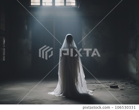 Scary ghost woman in haunted abandoned house, halloween background 106530331