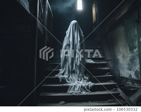 Scary ghost woman in haunted abandoned house, halloween background 106530332