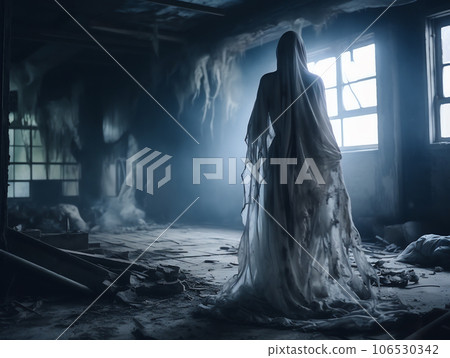 Scary ghost woman in haunted abandoned house, halloween background 106530342