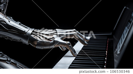 Robotic hands playing piano, science and technology concept 106530346