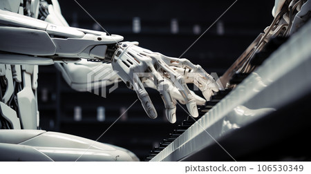 Robotic hands playing piano, science and technology concept Robotic hands playing piano, science and technology concept 106530349