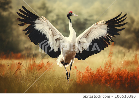 Image of a red crowned crane spread wings in the wetland forest, Bird, Wildlife Animals., Generative AI, Illustration. Image of a red crowned crane spread wings in the wetland forest, Bird, Wildlife Animals., Generative AI, Illustration. 106530386