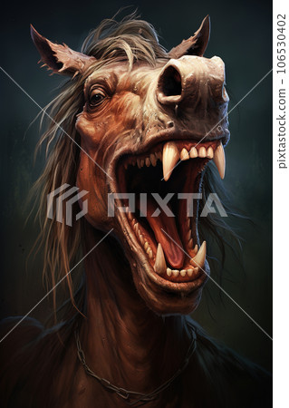 Image of horse with a funny face and open mouth wide. Wildlife Animals., Generative AI, Illustration. 106530402