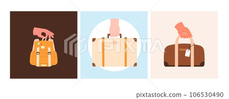 Travel concept. Hand holding luggage, sport bag, backpack and case. Cards with bags, tourist and school time. Business class flight, vector elements Travel concept. Hand holding luggage, sport bag, backpack and case. Cards with bags, tourist and school time. Business class flight, vector elements 106530490