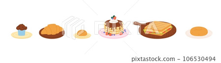 Isolated pastry on plates. Cake and buns, muffin and pancakes with cream. Bakery food, sandwich and croissant, vector breakfast elements Isolated pastry on plates. Cake and buns, muffin and pancakes with cream. Bakery food, sandwich and croissant, vector breakfast elements 106530494