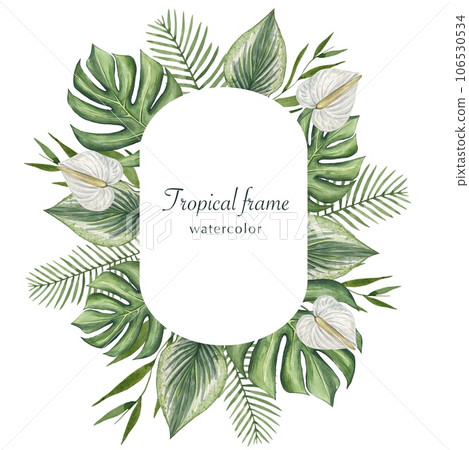Frame with tropical watercolor leaves and flowers.Tropical background. 106530534