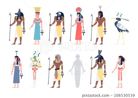 Egypt characters. Egyptian goddess and god, ancients kings. Historic flat character, gods ra and osiris. Pharaoh, museum figures recent vector set Egypt characters. Egyptian goddess and god, ancients kings. Historic flat character, gods ra and osiris. Pharaoh, museum figures recent vector set 106530539