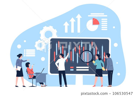 Candlestick chart analysis. Traders and businessmen, analytics team working with candle financial graph. Exchange index recent vector concept Candlestick chart analysis. Traders and businessmen, analytics team working with candle financial graph. Exchange index recent vector concept 106530547