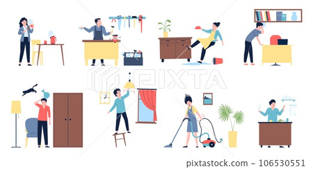 Injuries at home. Household accident, burns and electric shock. Adults doing house work and has problems. Healthcare, attention recent vector scenes 106530551