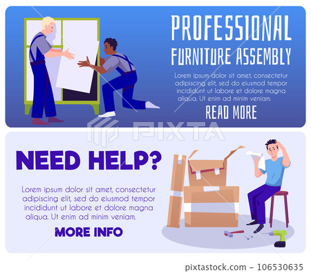 Professional furniture assembly service vector flyers set, workers assembling dresser, man need help with instruction 106530635