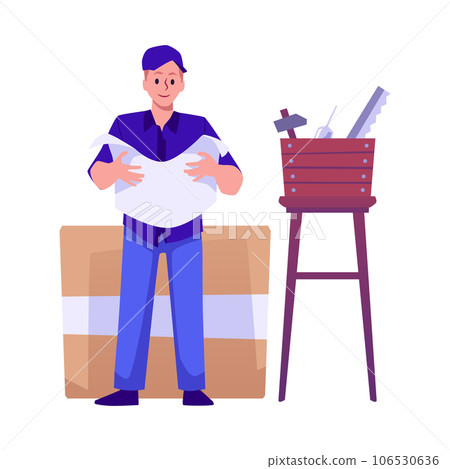 Happy and confident man reading instruction, flat vector illustration isolated on white background. 106530636