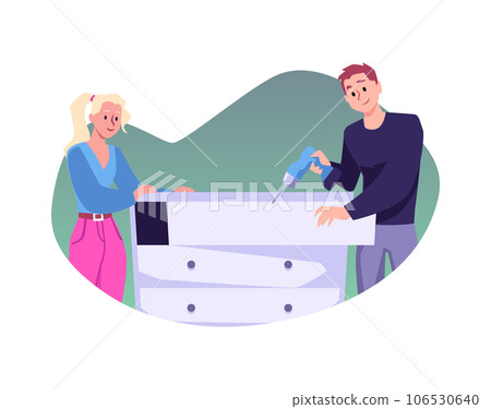 Couple assembling dresser together, flat vector illustration isolated on white background. 106530640