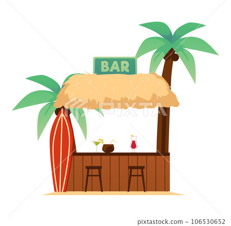 Bungalow bar with thatched roof near palm trees, surfboard, bar chair, refreshing cocktails vector isolated illustration Bungalow bar with thatched roof near palm trees, surfboard, bar chair, refreshing cocktails vector isolated illustration 106530652