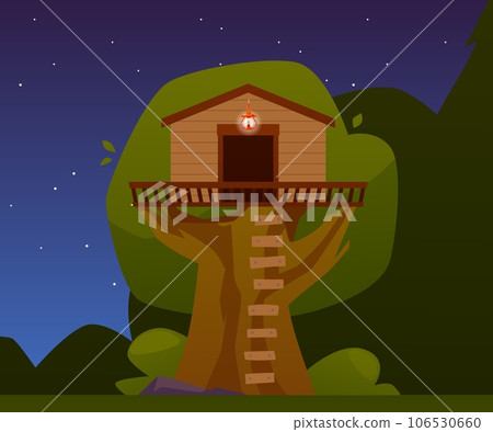 Tree house with lighting and ladder, vector cartoon children game treeshed summer camp in forest, night sky and stars 106530660