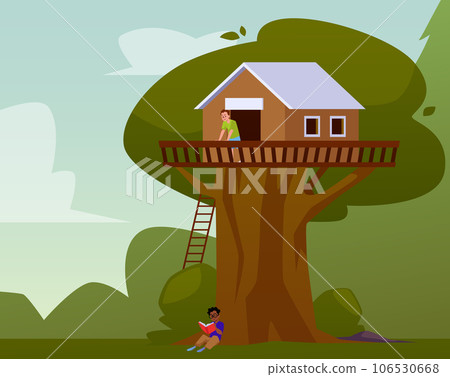Boys have fun, read book on tree house with white roof, forest landscape, vector children game treeshed summer camp Boys have fun, read book on tree house with white roof, forest landscape, vector children game treeshed summer camp 106530668