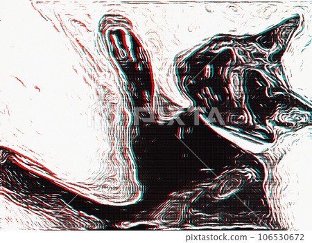 Lo-fi, minimal and digital graphic image of a black cat doing a cat punch - ink, dots and curves 106530672