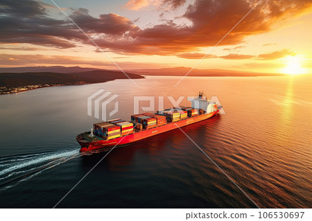 Aerial view of cargo ship that full load container for logistics import export in the ocean, shipping and transportation concept, container cargo maritime ship, Global express carrier. Aerial view of cargo ship that full load container for logistics import export in the ocean, shipping and transportation concept, container cargo maritime ship, Global express carrier. 106530697