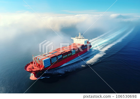Aerial view of cargo ship that full load container for logistics import export in the ocean, shipping and transportation concept, container cargo maritime ship, Global express carrier. Aerial view of cargo ship that full load container for logistics import export in the ocean, shipping and transportation concept, container cargo maritime ship, Global express carrier. 106530698