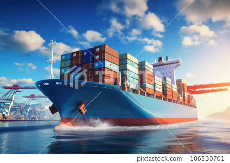 Aerial view of cargo ship that full load container for logistics import export in the ocean, shipping and transportation concept, container cargo maritime ship, Global express carrier. Aerial view of cargo ship that full load container for logistics import export in the ocean, shipping and transportation concept, container cargo maritime ship, Global express carrier. 106530701