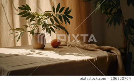 Modern interior lifestyle Mediterranean in summer scene, plant with fruit on table with light and shadow in dining room Modern interior lifestyle Mediterranean in summer scene, plant with fruit on table with light and shadow in dining room 106530704